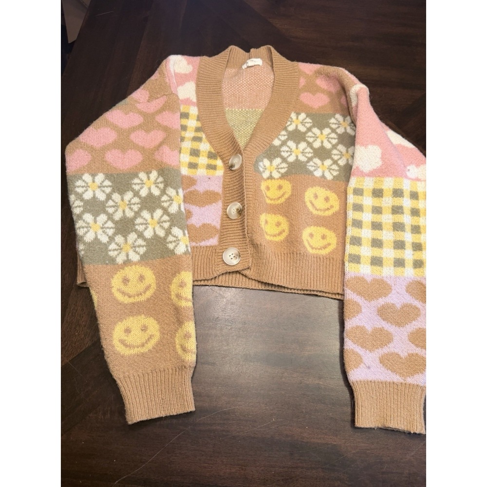 Debut Cardigan sweater XS patchwork smiley face daisy heart